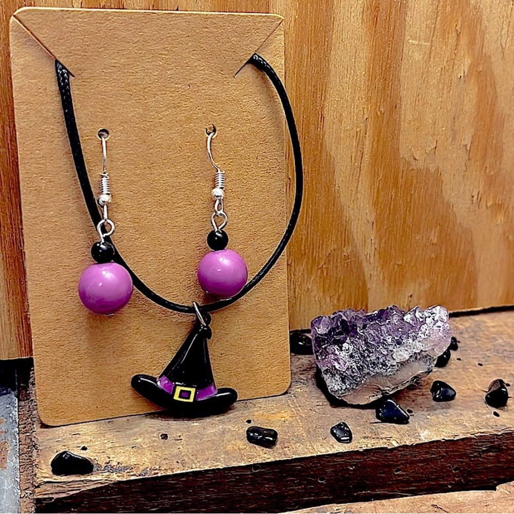 🖤 BOGO 🖤 Witches talisman Necklace & Earring 🔮 SET 🔮 Halloween Witch Hat